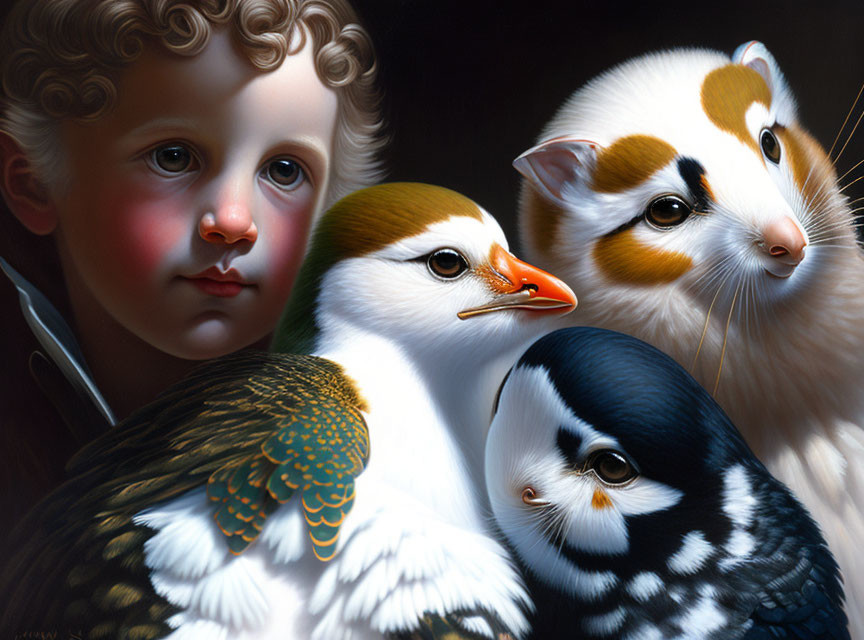 Hyperrealistic painting of child's face with bird, feline, and marine creature.