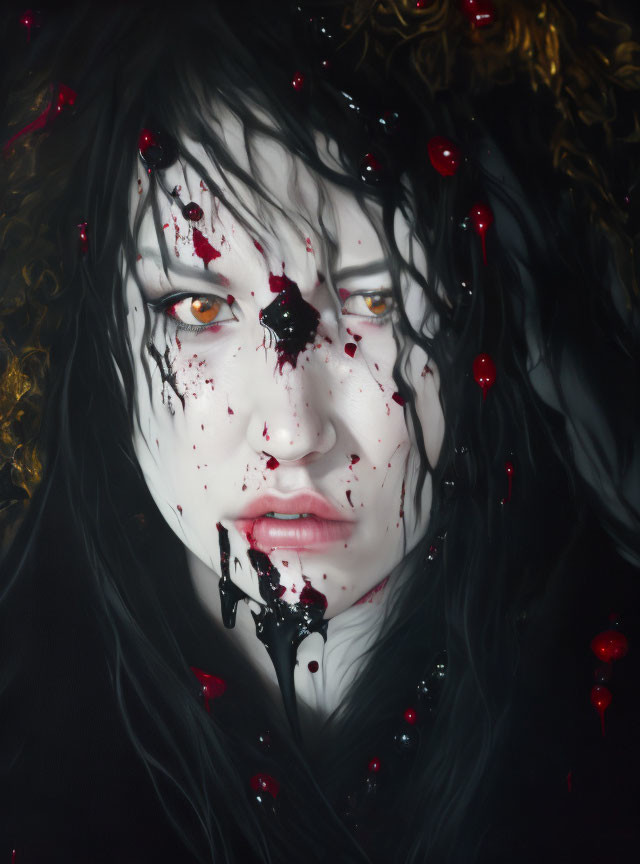 Portrait of woman with black hair and orange eyes, face with dark liquid and red droplets.