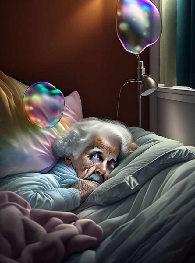 Elderly woman in bed with floating soap bubbles and sunlight.