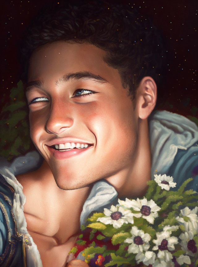Smiling young male with curly hair surrounded by flowers and foliage under a starry night sky