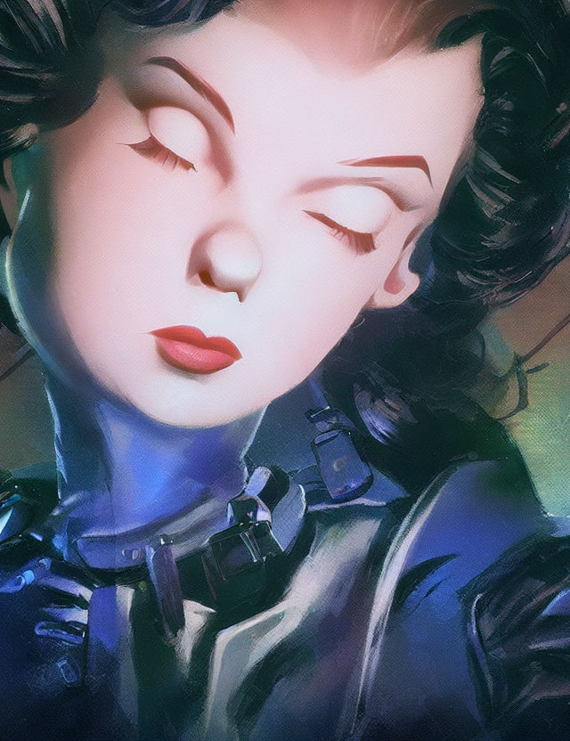 Detailed close-up of woman with red lips and wavy hair in blue outfit