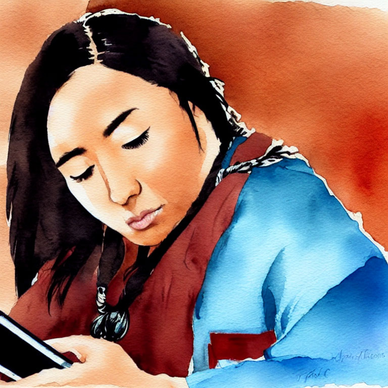 Watercolor painting of person with smartphone, turquoise jewelry, blue garment with red accents
