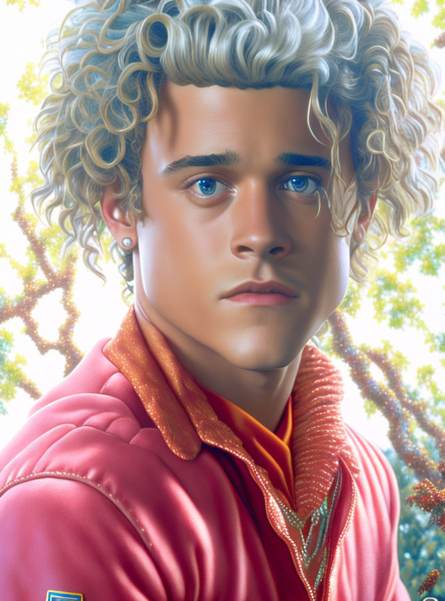 Man with Curly Blond Hair in Red Glittery Jacket Illustration