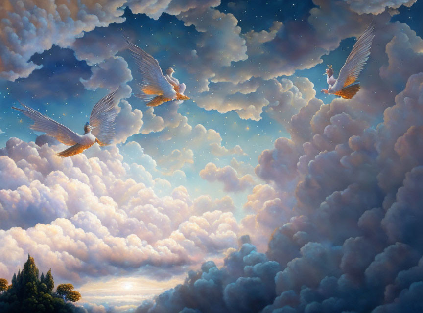 Three angels with large wings flying among billowy clouds in fantastical painting