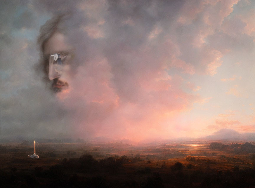 Ethereal face merges with cloudy sky above tranquil landscape at sunset
