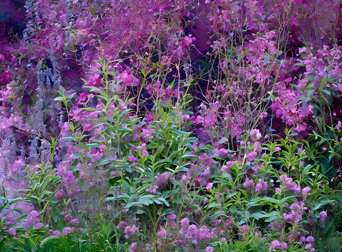 Colorful garden with purple and pink flowers in lush green surroundings