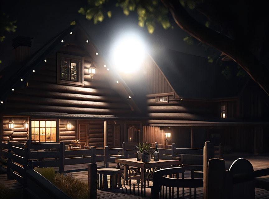 Nighttime log cabin with warm light and moonlit outdoor seating.