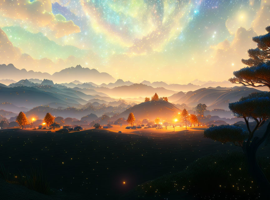 Tranquil sunset landscape with rolling hills and star-filled sky