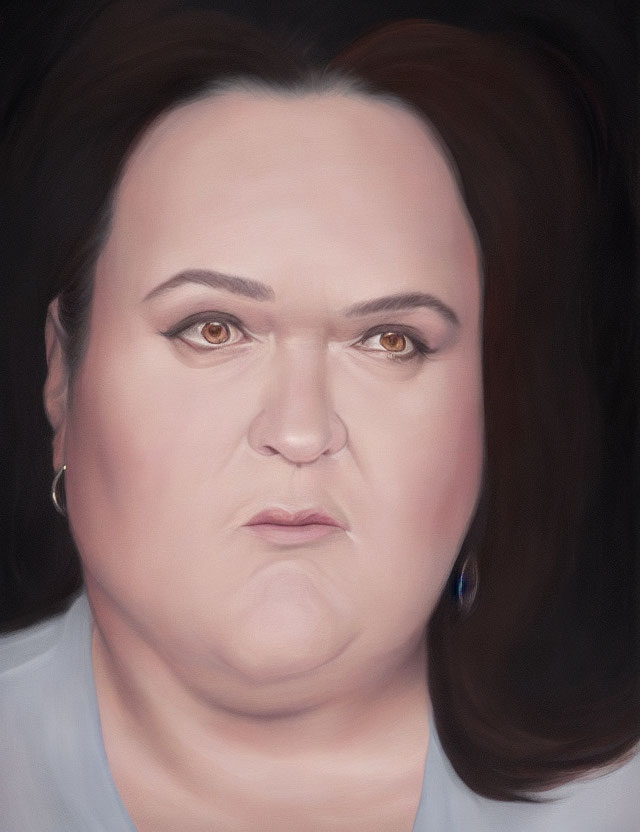 Realistic portrait of woman with fair skin, dark bob hair, minimal makeup, small earrings, solemn