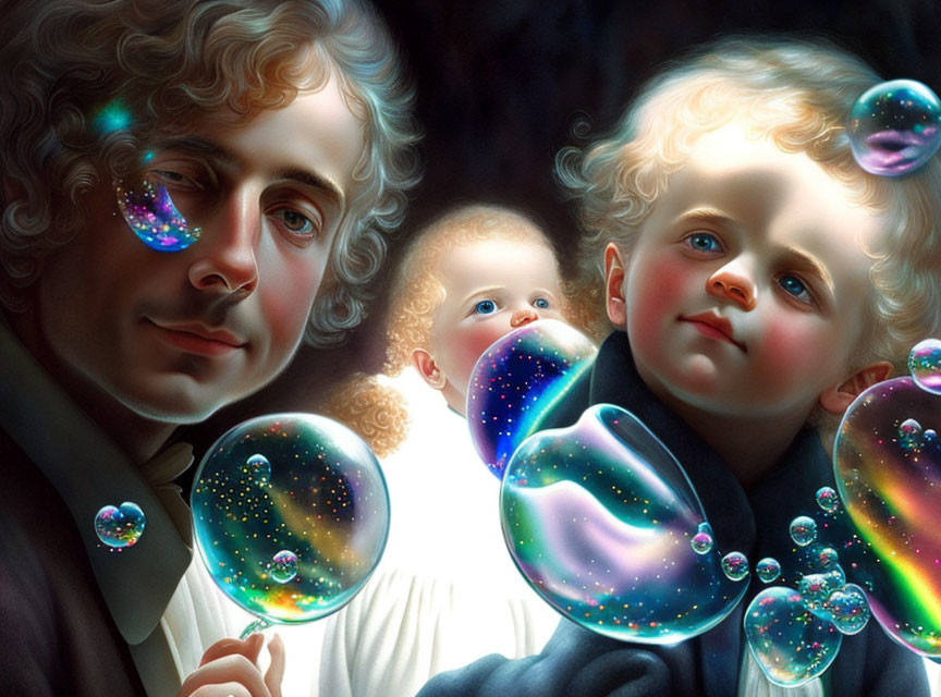 Artwork featuring man and children captivated by cosmic bubbles
