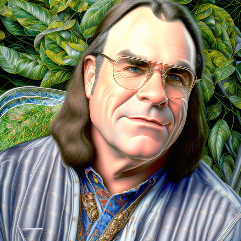 Man with Long Hair and Glasses in Plaid Shirt Against Green Foliage