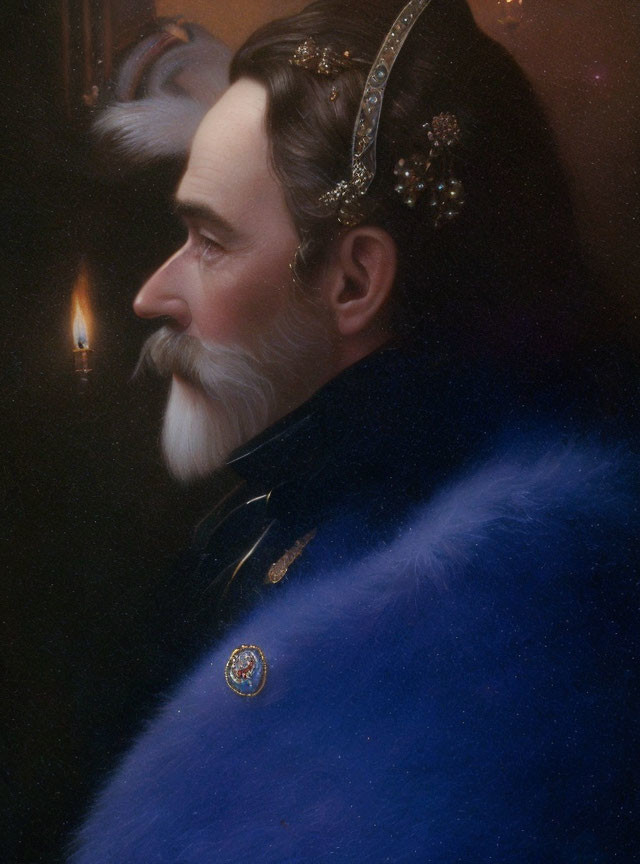 Bearded Man in Blue Military Coat with Medal on Dark Background