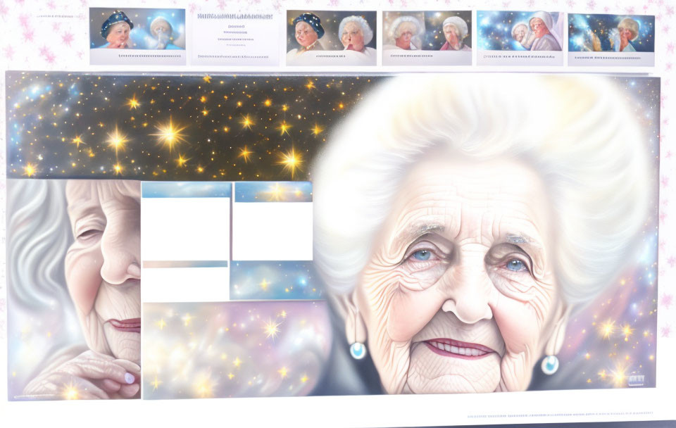 Elderly Woman Portraits Collage with Starry Background and Colorful Illustration