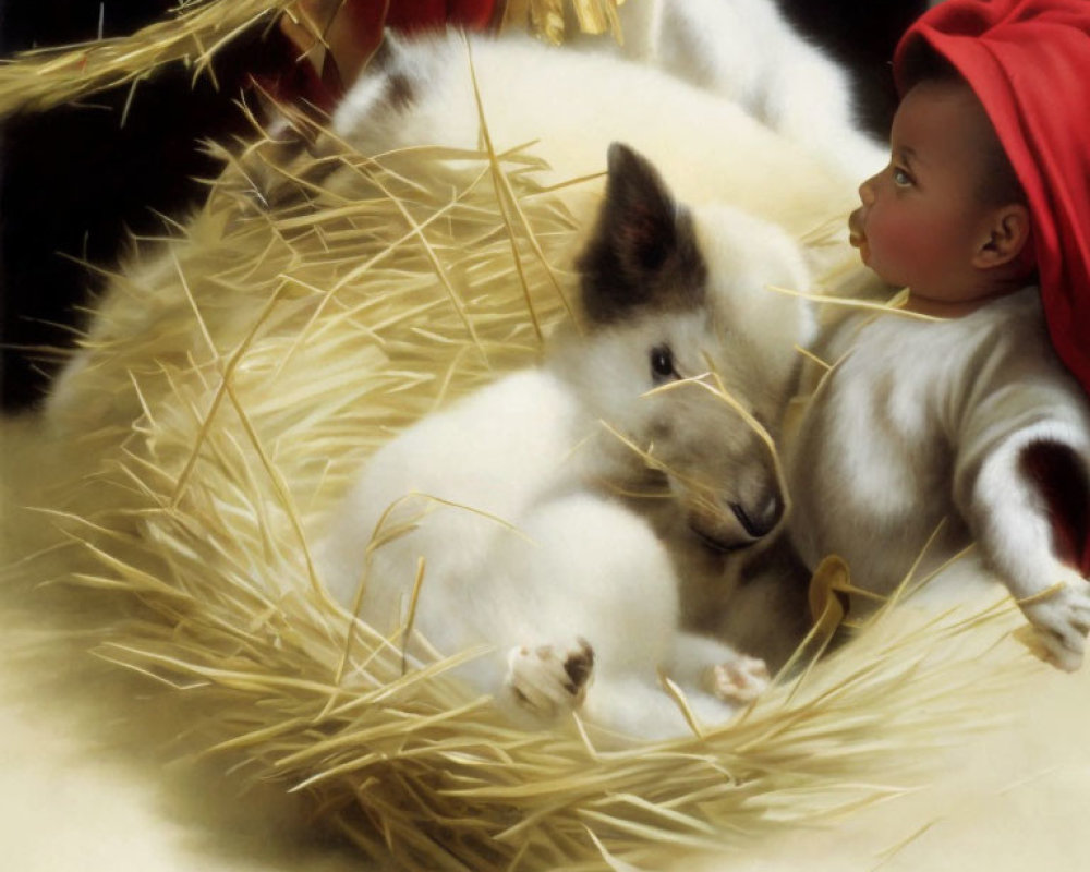 Baby in red hooded outfit with white puppy and kittens on straw