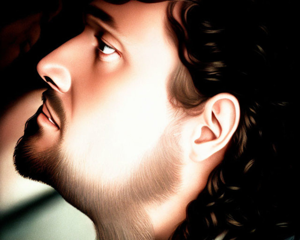 Illustrated portrait of a man with dark, curly hair and full beard, gazing upwards with shadow