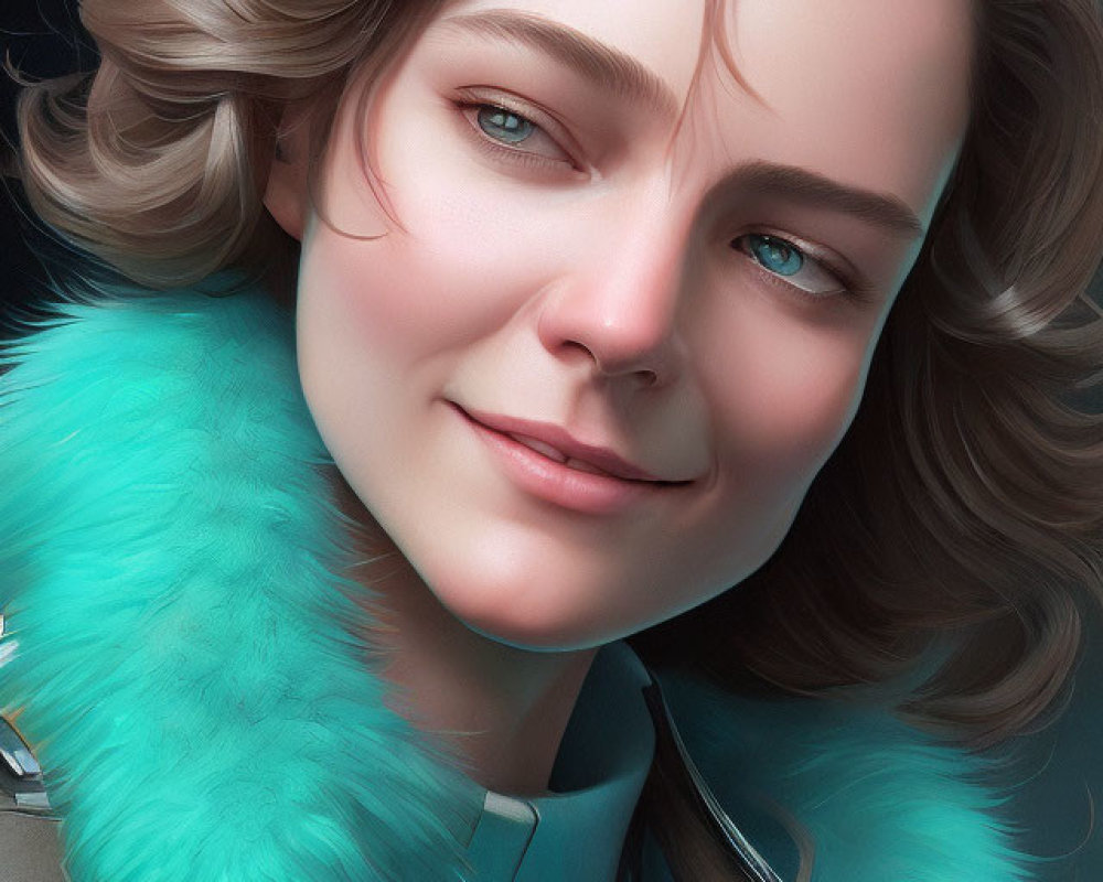 Detailed digital portrait of smiling woman with wavy hair in teal coat