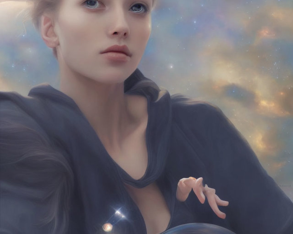 Blonde Woman in Grey Cloak Holding Glowing Orb against Starry Sky