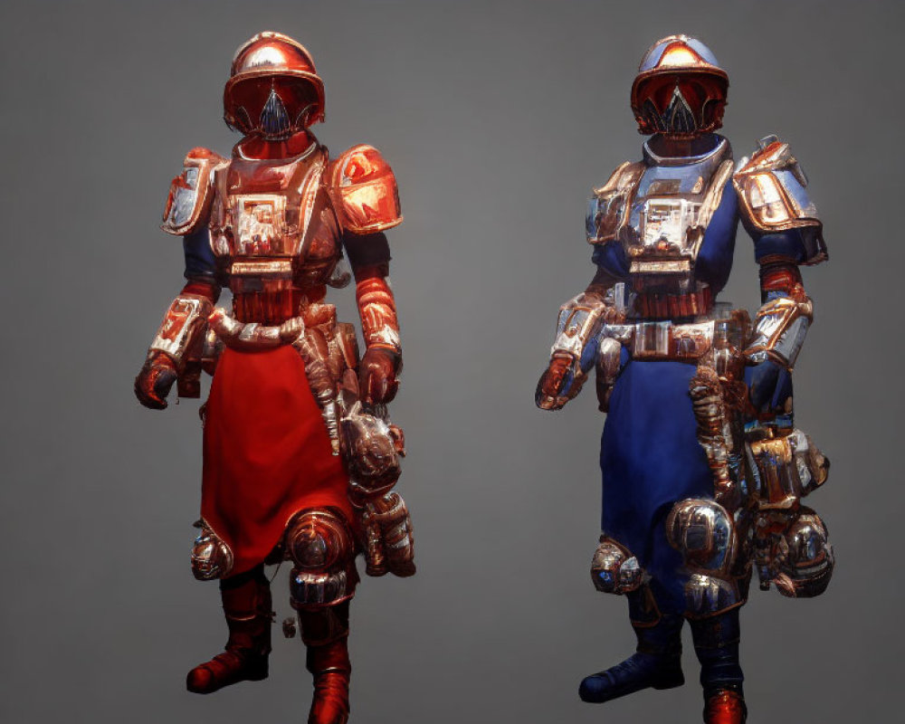 Futuristic Red and Blue Armored Soldier 3D Models on Computer Interface