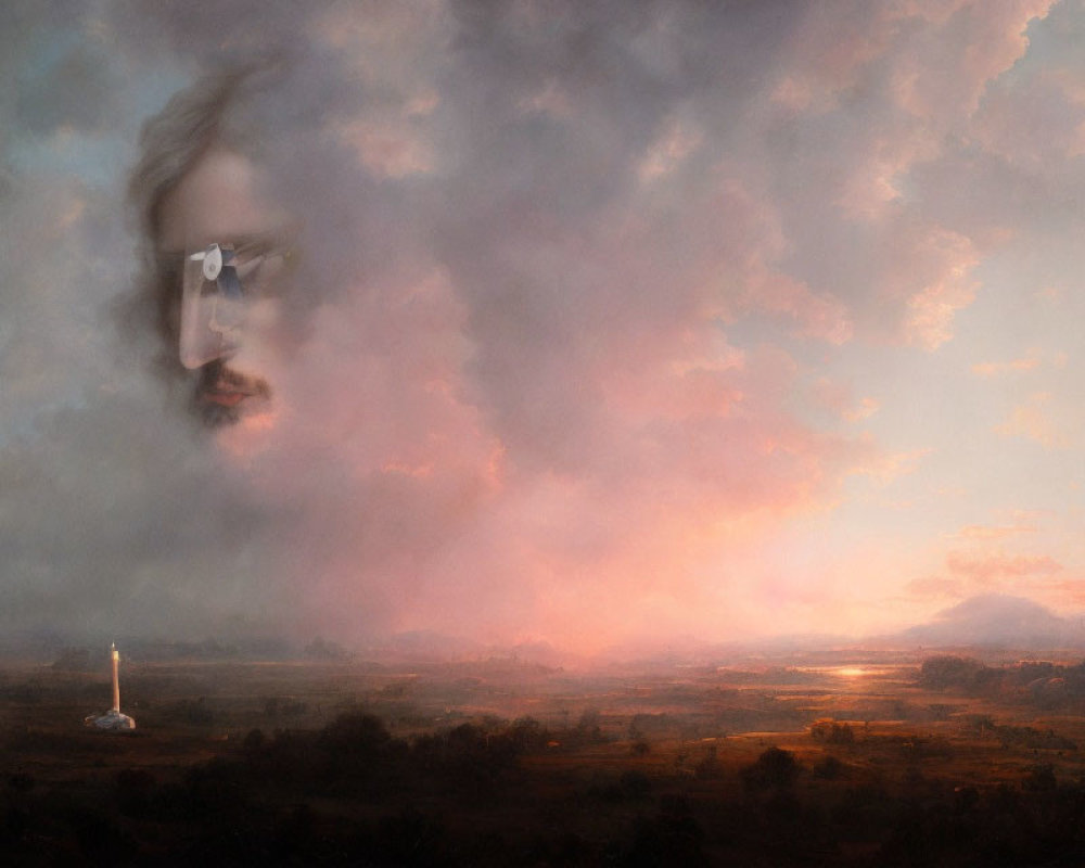 Ethereal face merges with cloudy sky above tranquil landscape at sunset