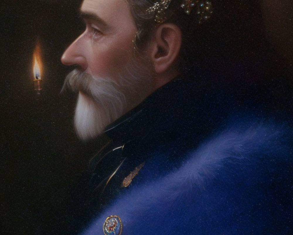 Bearded Man in Blue Military Coat with Medal on Dark Background