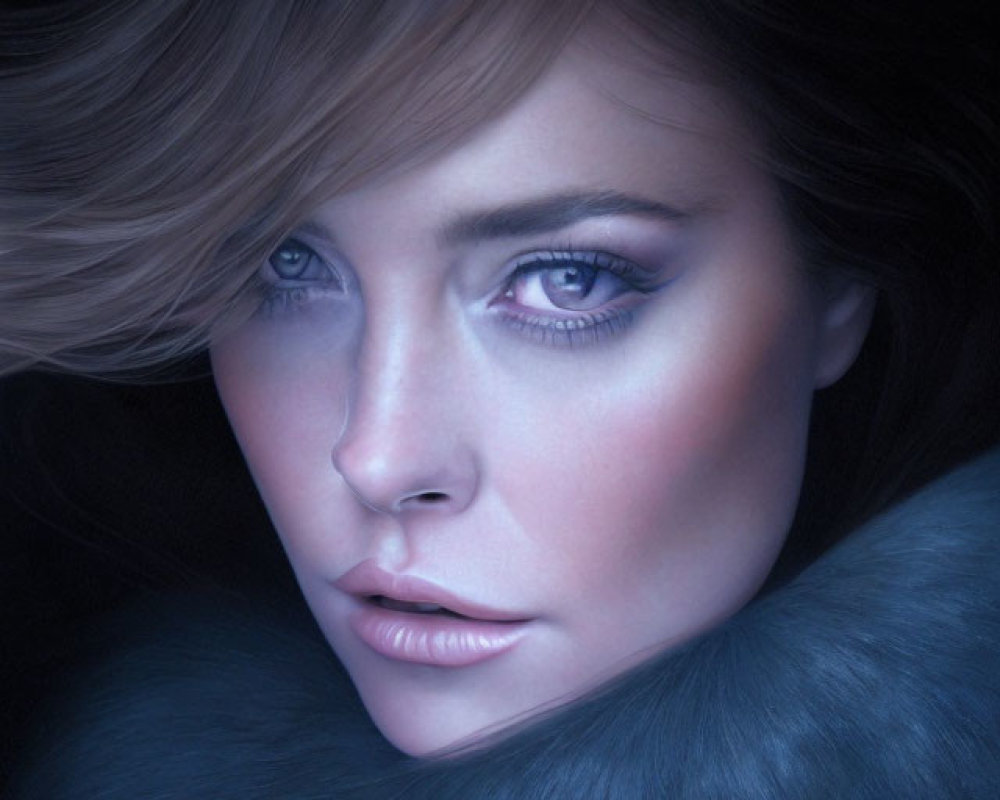 Digital portrait of woman with blue eyes, porcelain skin, and dark hair in grey fur cloak