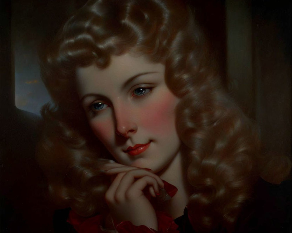 Portrait of a Woman with Curly Hair and Red Cheeks in Thoughtful Pose