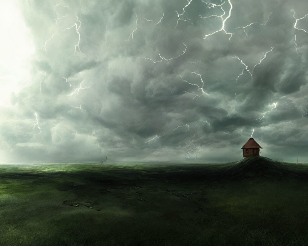 Solitary House on Green Hillock During Storm with Lightning