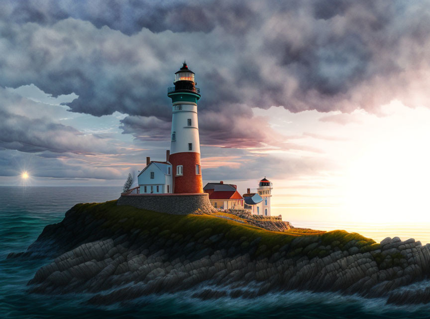 Lighthouse on rocky outcrop at sunset with storm clouds