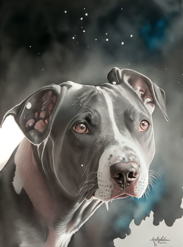 Detailed Pit Bull Illustration with Pensive Expression & Celestial Background