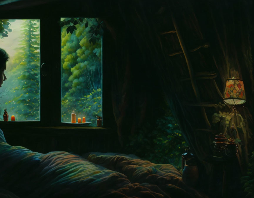 Bedroom interior with forest view, lamp, and quilted bed.