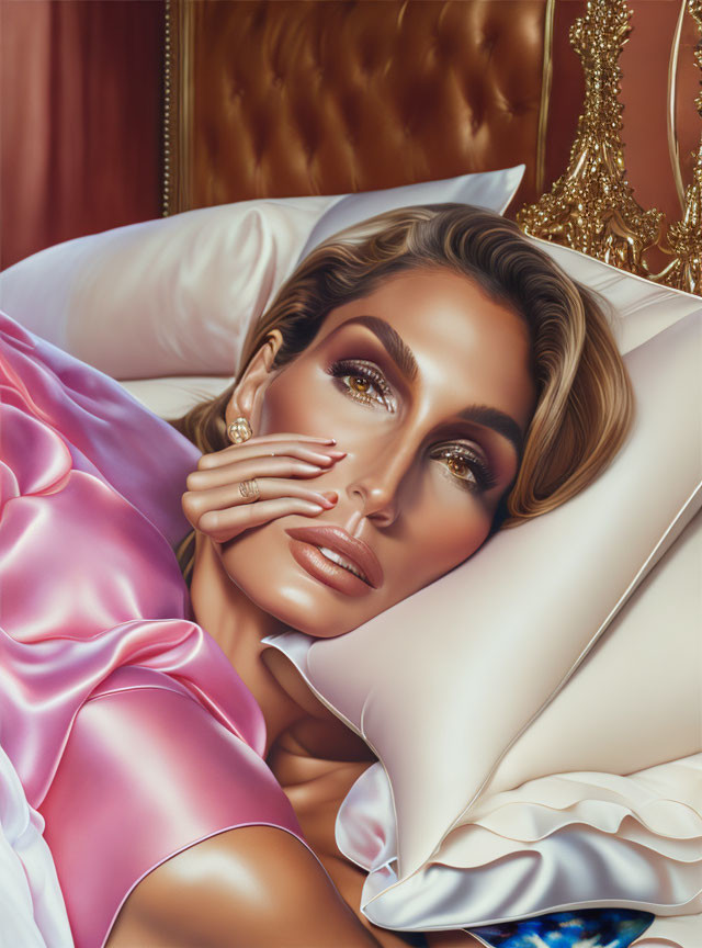 Styled woman lying with jewelry on pink satin sheet