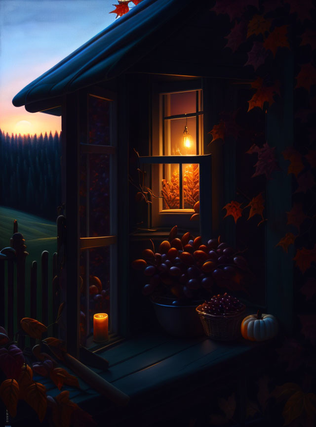 Twilight porch with fall decor: lantern, candles, apples