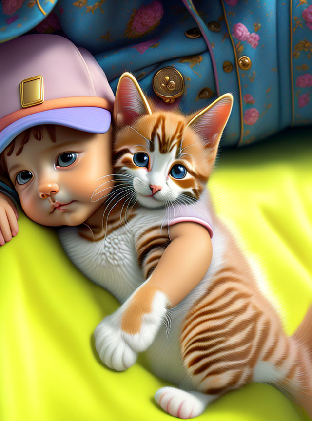 Toddler in Purple Cap Cuddles Striped Kitten on Yellow Blanket