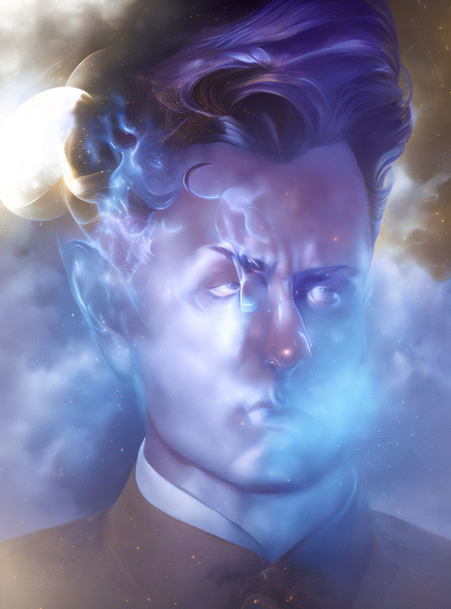 Stylized portrait with cosmic theme: galaxy hair, celestial bodies, nebulae background.