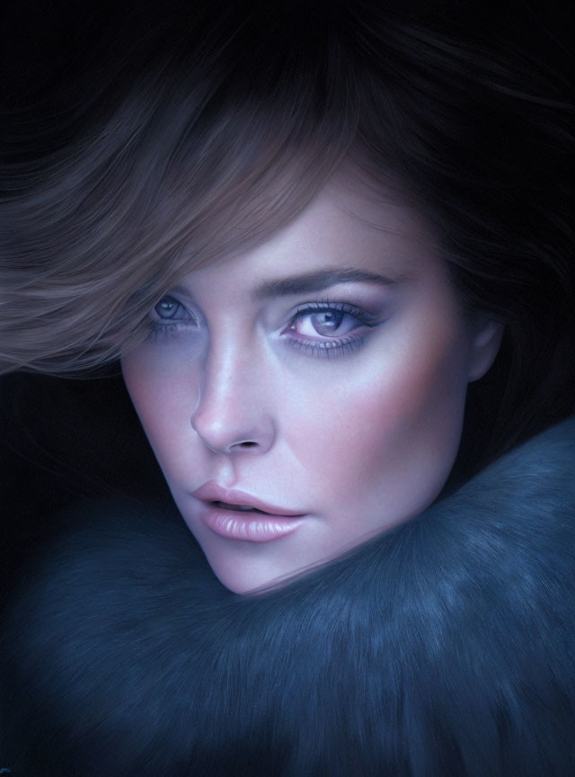 Digital portrait of woman with blue eyes, porcelain skin, and dark hair in grey fur cloak