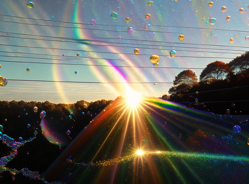 Vivid sunset with sunbeams through bubbles against trees and power lines