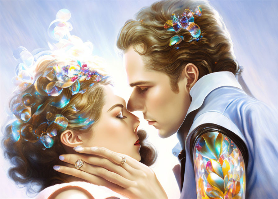 Illustrated couple in romantic embrace with gemstone-adorned hair & clothing