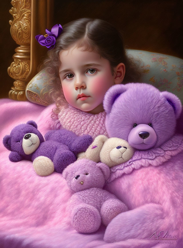 Contemplative young girl with plush teddy bears and purple flower