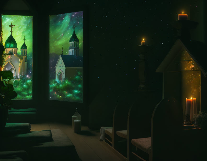 Dimly-lit Church Interior Room with Candles, Lanterns, and Starry Night Sky