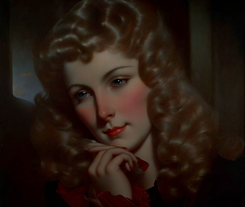 Portrait of a Woman with Curly Hair and Red Cheeks in Thoughtful Pose