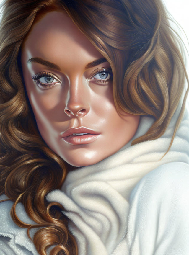 Portrait of a woman with brown hair and blue eyes in white clothing