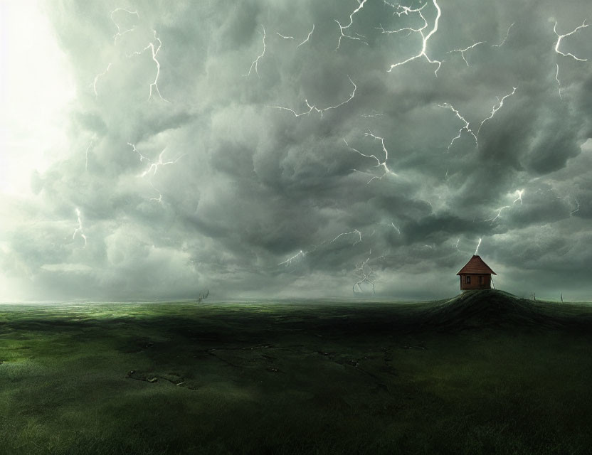 Solitary House on Green Hillock During Storm with Lightning