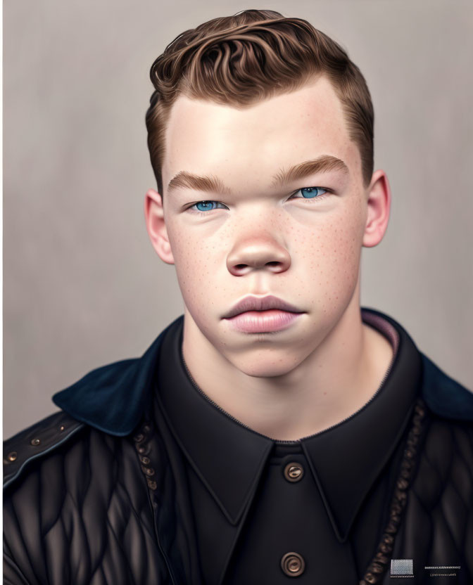 Young male with short curly hair and freckles in stylish black jacket with navy collar, blue eyes