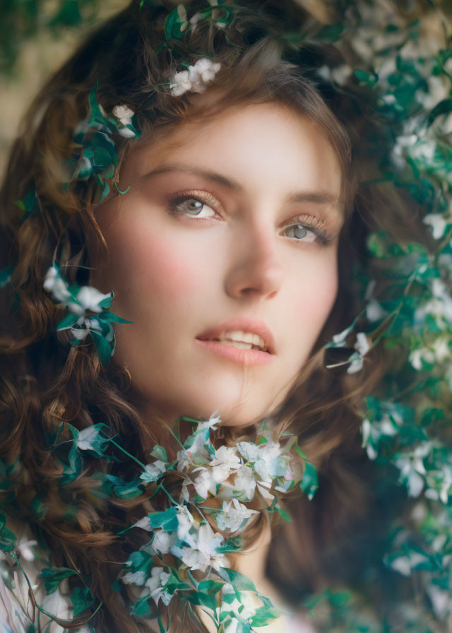 Wavy-haired woman surrounded by white flowers in soft focus