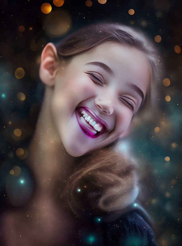 Smiling girl with dark hair in whimsical starry background