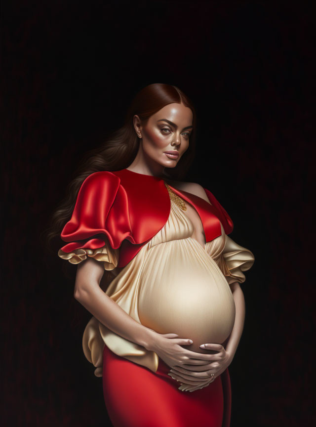 Pregnant Woman in Golden and Red Gown on Dark Background