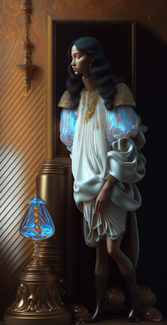 Woman in elegant gown with jellyfish-like sleeves and gold accents beside ornate lamp