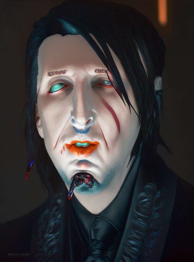 Portrait of person with pale skin, dark hair, red under-eye streaks, blue lipstick, and