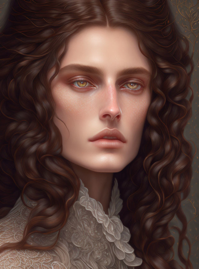 Digital portrait of a person with wavy brown hair and hazel eyes.