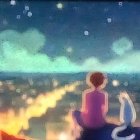 Child admiring vibrant landscape with auroras, crescent moon, river, and mountains at twilight